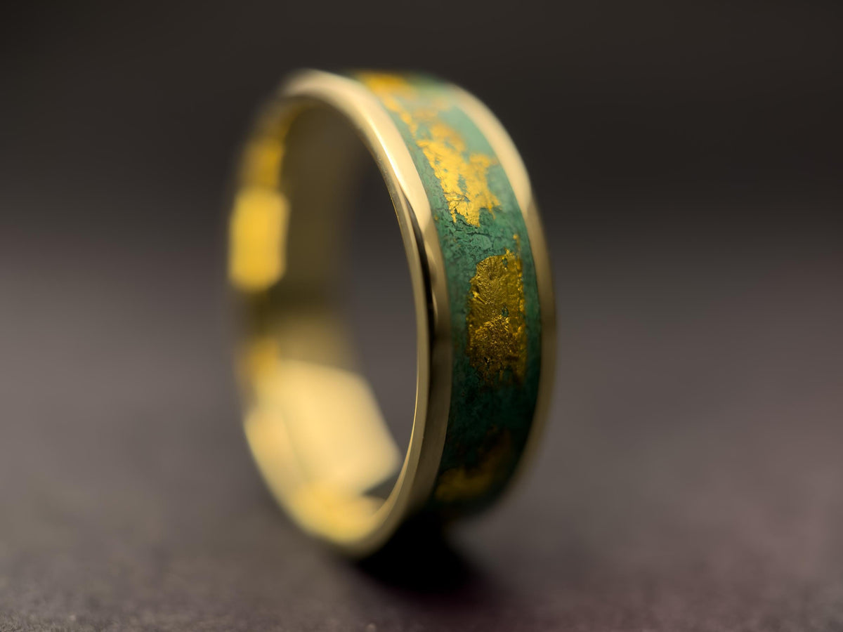 Gold Malachite Ring - Wide Inlay and 22K Gold Leaves