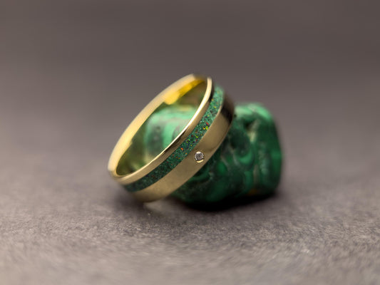 Gold Malachite, Opal and Diamond Ring - Offset Inlay