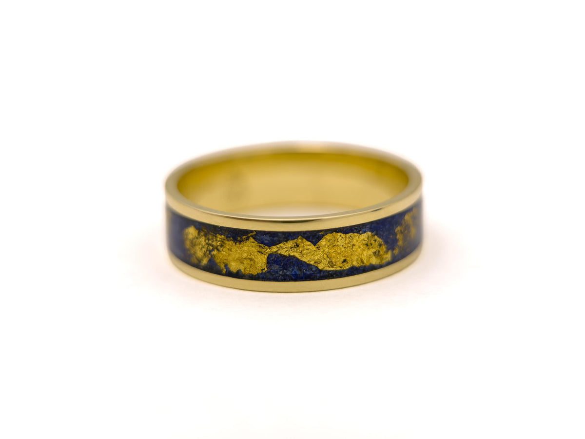 Gold Lapis Lazuli Ring - Wide Inlay and 22K Gold Leaves