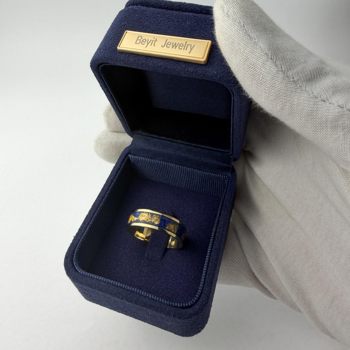 Gold Lapis Lazuli Ring - Wide Inlay and 22K Gold Leaves