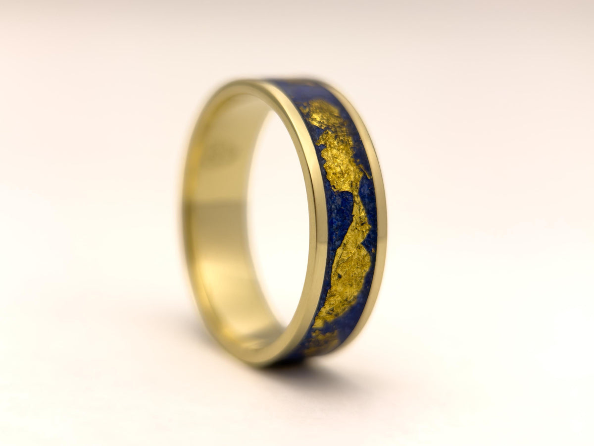 Gold Lapis Lazuli Ring - Wide Inlay and 22K Gold Leaves