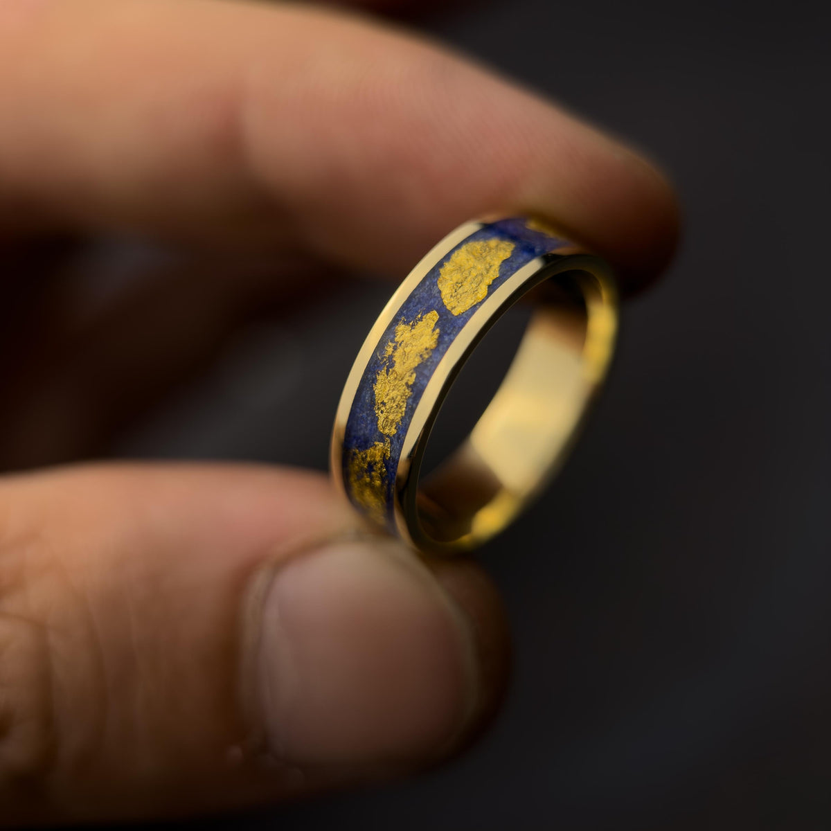 Gold Lapis Lazuli Ring - Wide Inlay and 22K Gold Leaves
