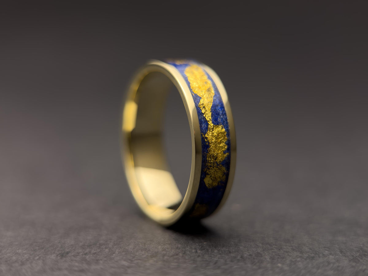 Gold Lapis Lazuli Ring - Wide Inlay and 22K Gold Leaves