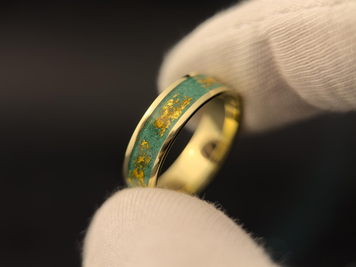 Gold Malachite Ring - Wide Inlay and 22K Gold Leaves