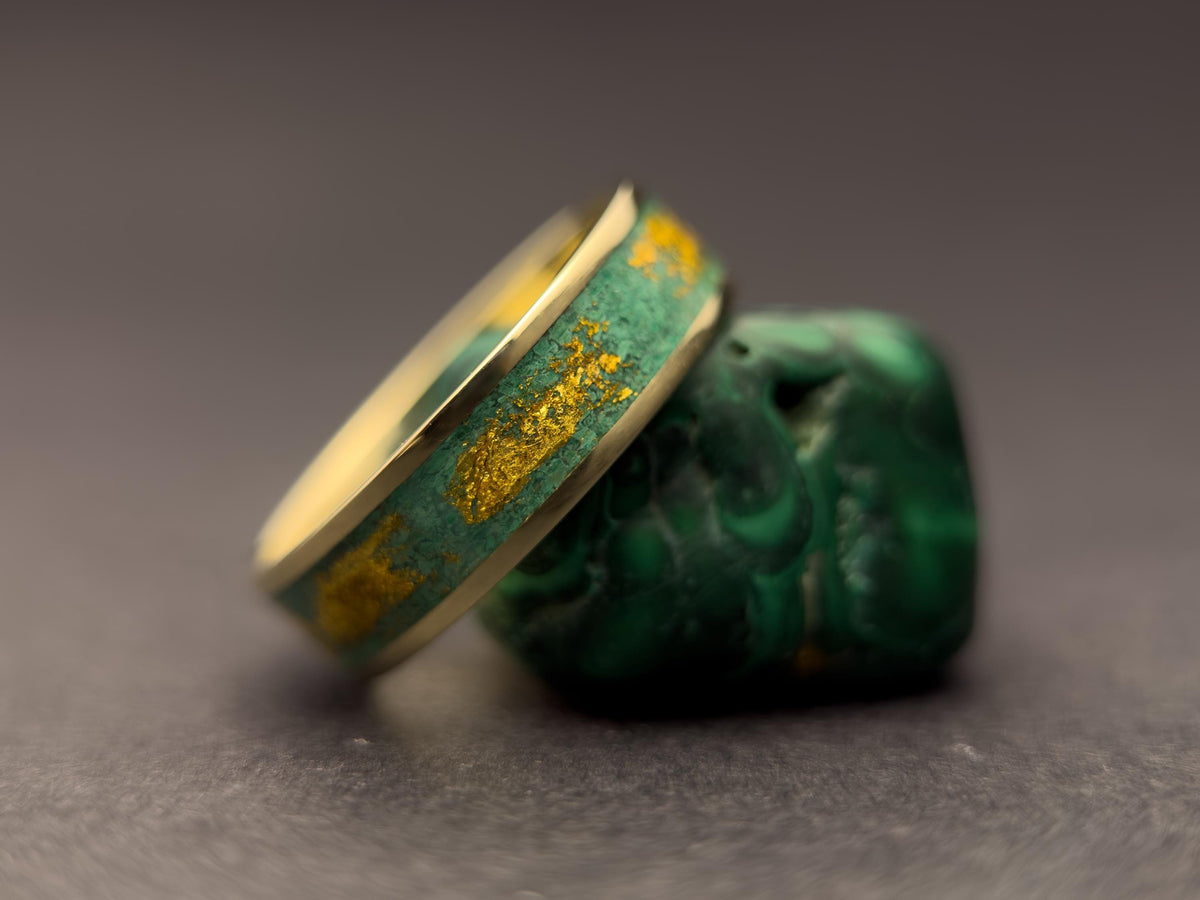 Gold Malachite Ring - Wide Inlay and 22K Gold Leaves